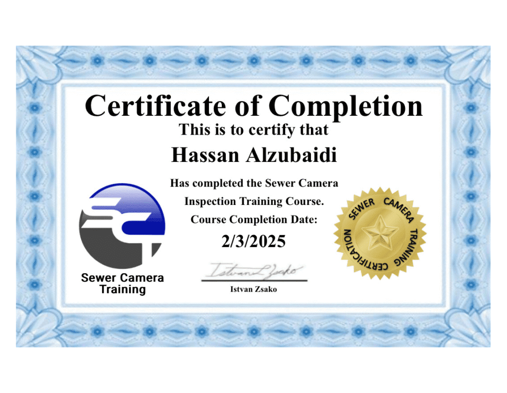 Certificate of completion for sewer camera inspection training