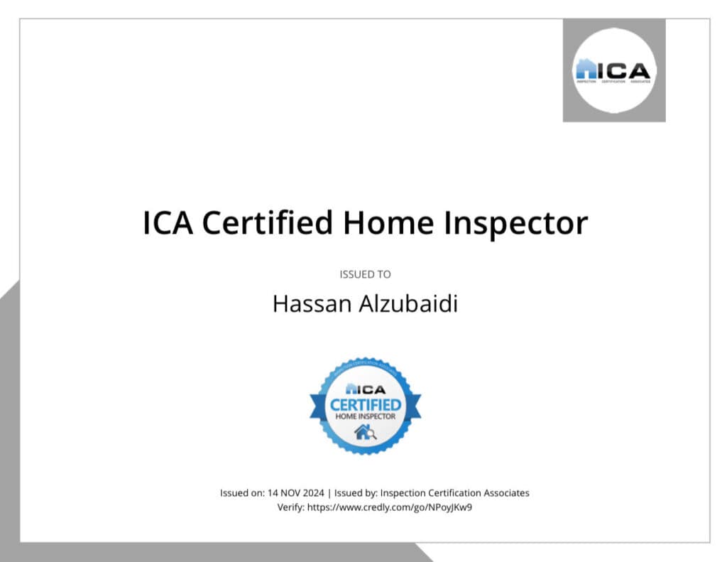 ICA Certified Home Inspector certificate awarded to Hassan Alzubaidi