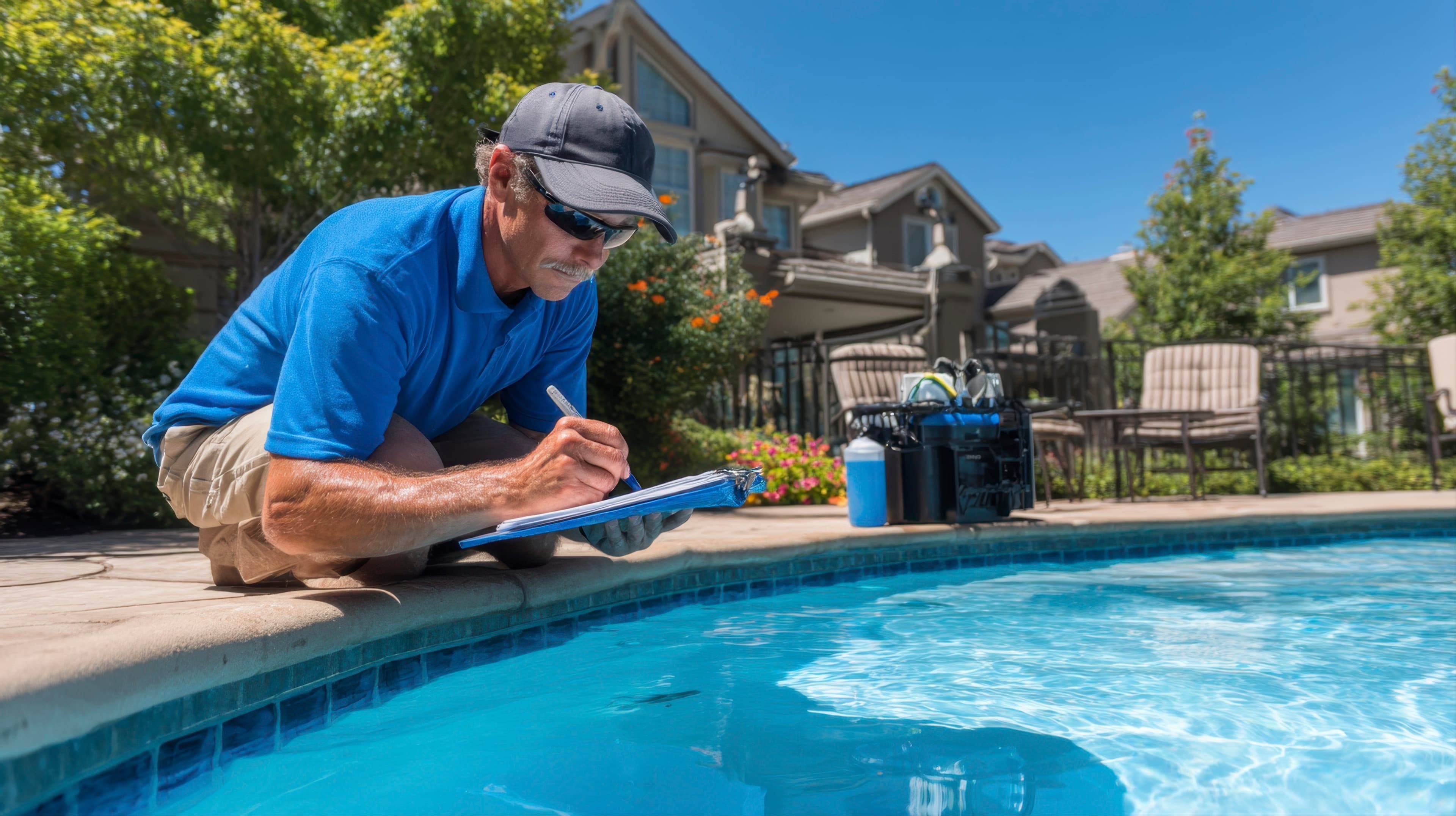 Pool inspector recording notes beside residential pool equipment